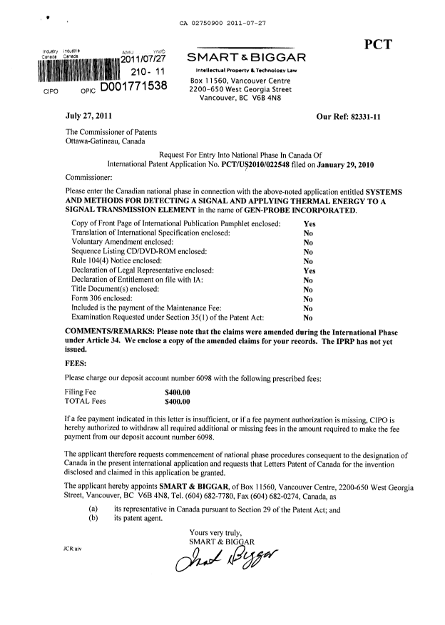 Document de brevet canadien 2750900. Cession 20101227. Image 1 de 2