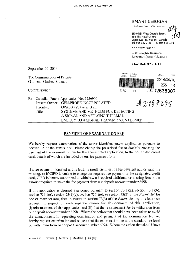 Document de brevet canadien 2750900. Poursuite-Amendment 20131210. Image 1 de 2