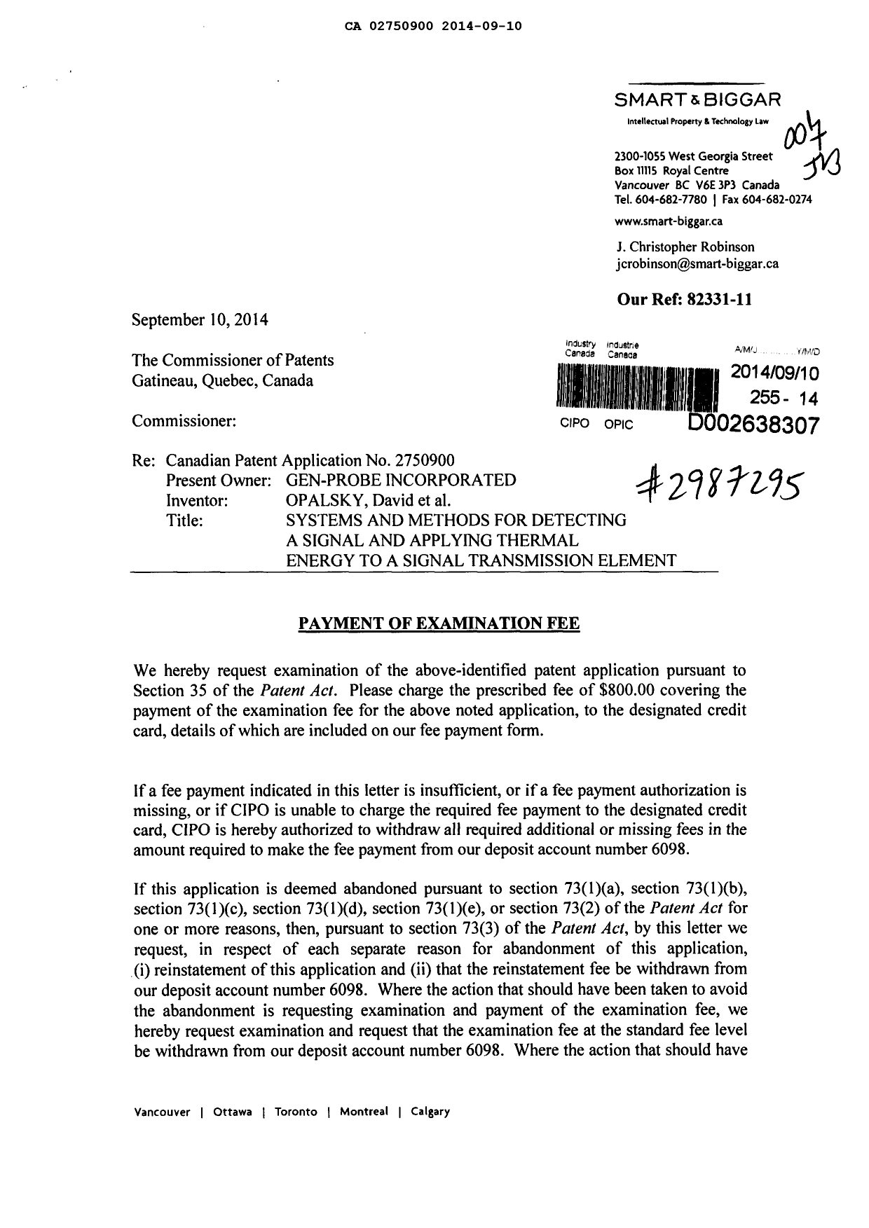Canadian Patent Document 2750900. Prosecution-Amendment 20131210. Image 1 of 2