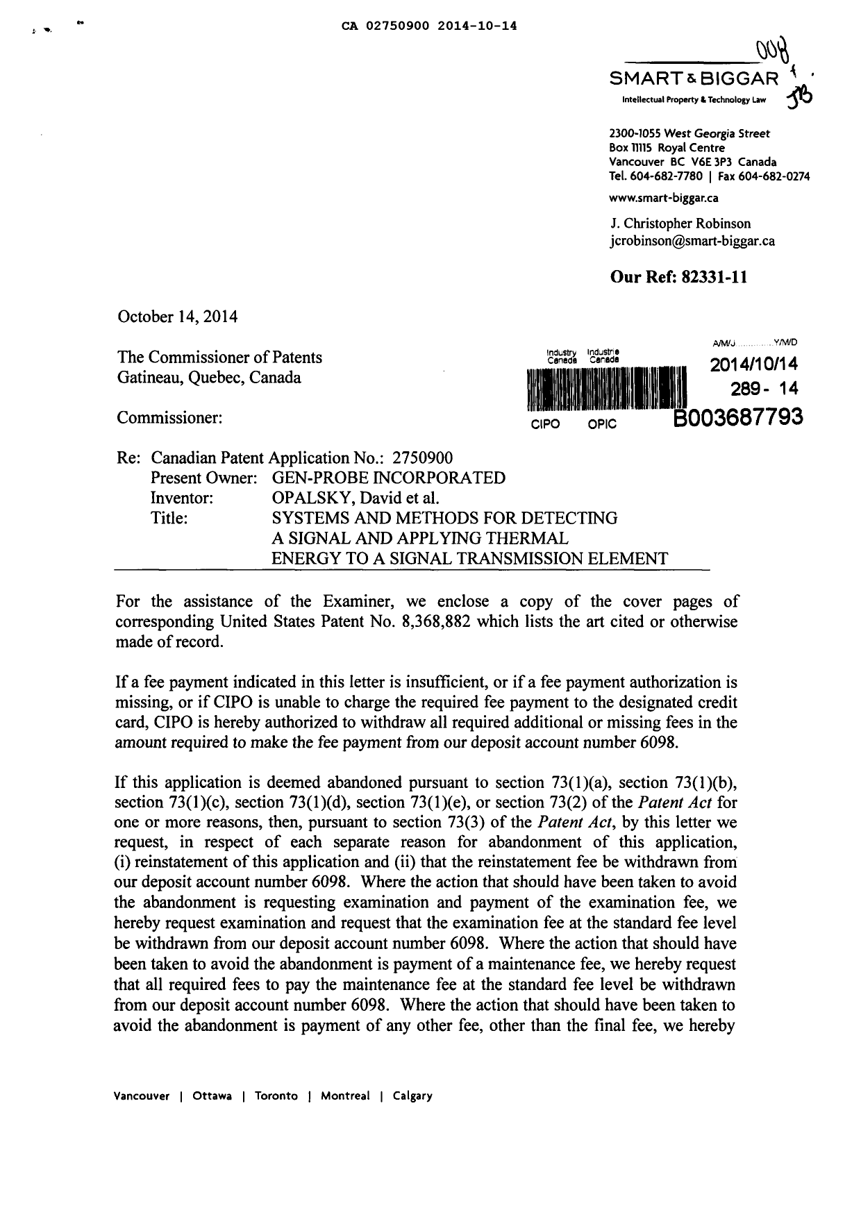 Document de brevet canadien 2750900. Poursuite-Amendment 20131214. Image 1 de 2