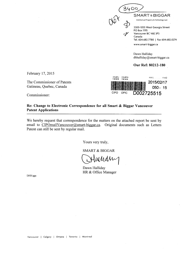 Document de brevet canadien 2750900. Correspondance 20141217. Image 1 de 5