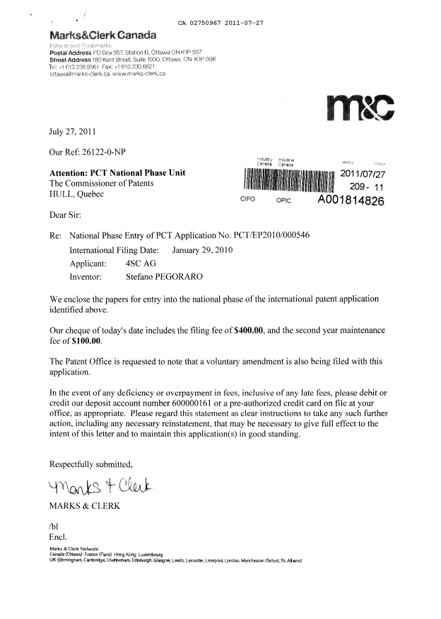 Document de brevet canadien 2750967. Cession 20110727. Image 1 de 2