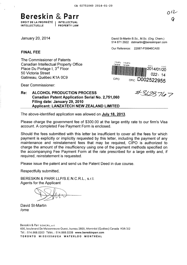 Document de brevet canadien 2751060. Correspondance 20131220. Image 1 de 1