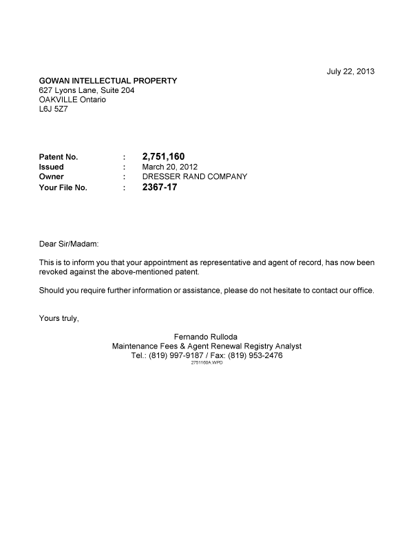 Document de brevet canadien 2751160. Correspondance 20121222. Image 1 de 1