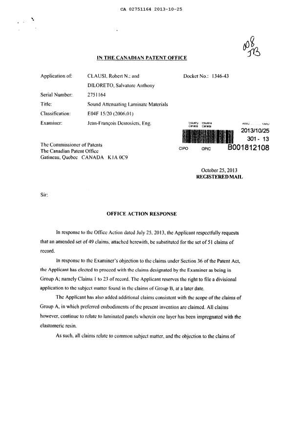 Canadian Patent Document 2751164. Prosecution-Amendment 20121225. Image 1 of 7