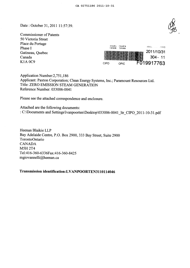 Document de brevet canadien 2751186. Poursuite-Amendment 20101231. Image 1 de 3