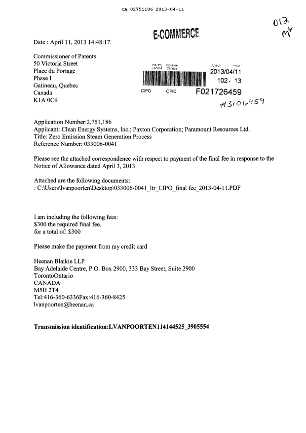 Canadian Patent Document 2751186. Correspondence 20121211. Image 1 of 3