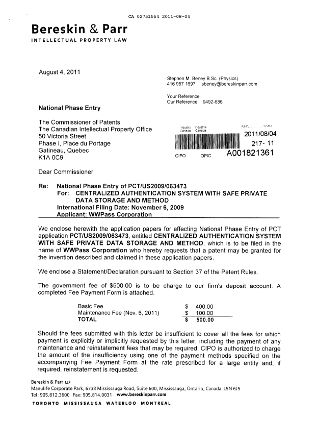 Document de brevet canadien 2751554. Cession 20110804. Image 1 de 5