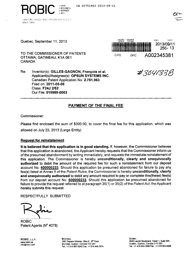 Document de brevet canadien 2751963. Correspondance 20121211. Image 1 de 2