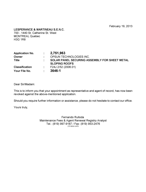 Document de brevet canadien 2751963. Correspondance 20121219. Image 1 de 1