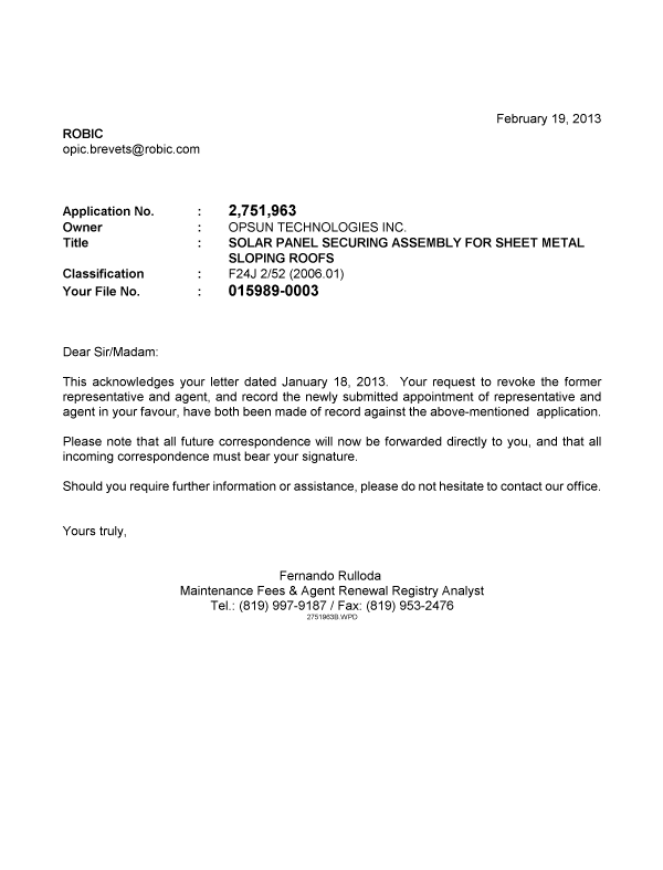 Document de brevet canadien 2751963. Correspondance 20121219. Image 1 de 1