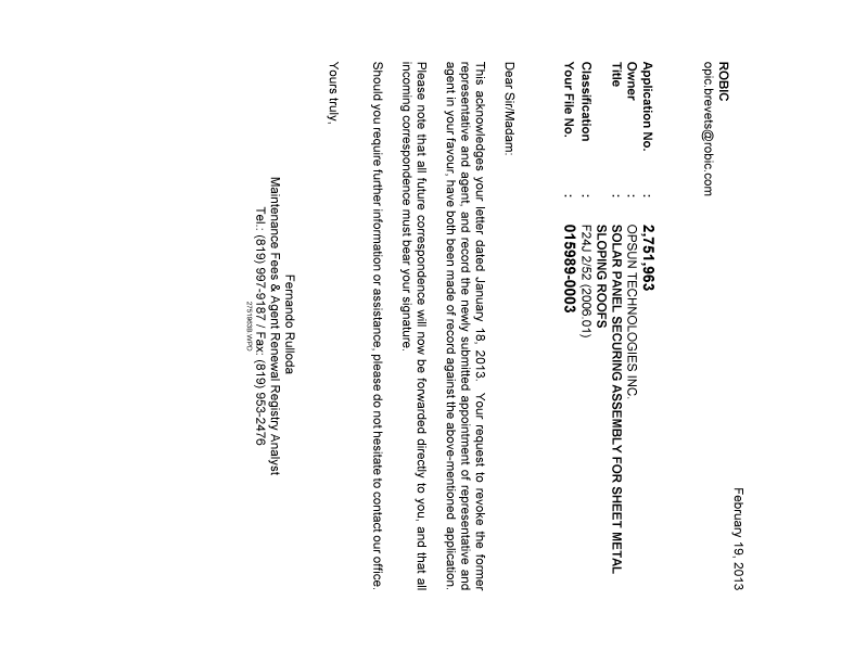 Document de brevet canadien 2751963. Correspondance 20130219. Image 1 de 1