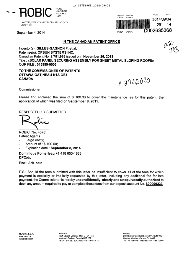 Document de brevet canadien 2751963. Taxes 20131204. Image 1 de 1
