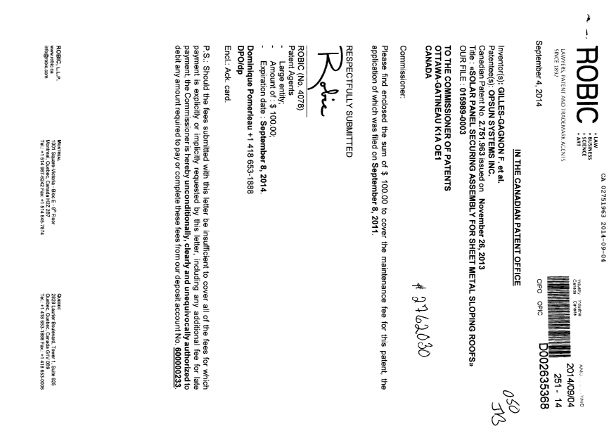 Document de brevet canadien 2751963. Taxes 20140904. Image 1 de 1
