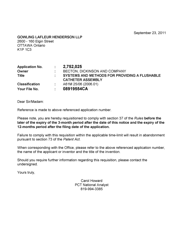Document de brevet canadien 2752025. Correspondance 20110923. Image 1 de 1