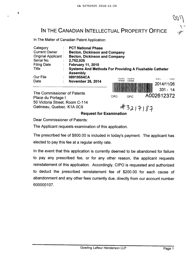 Document de brevet canadien 2752025. Poursuite-Amendment 20141126. Image 1 de 2