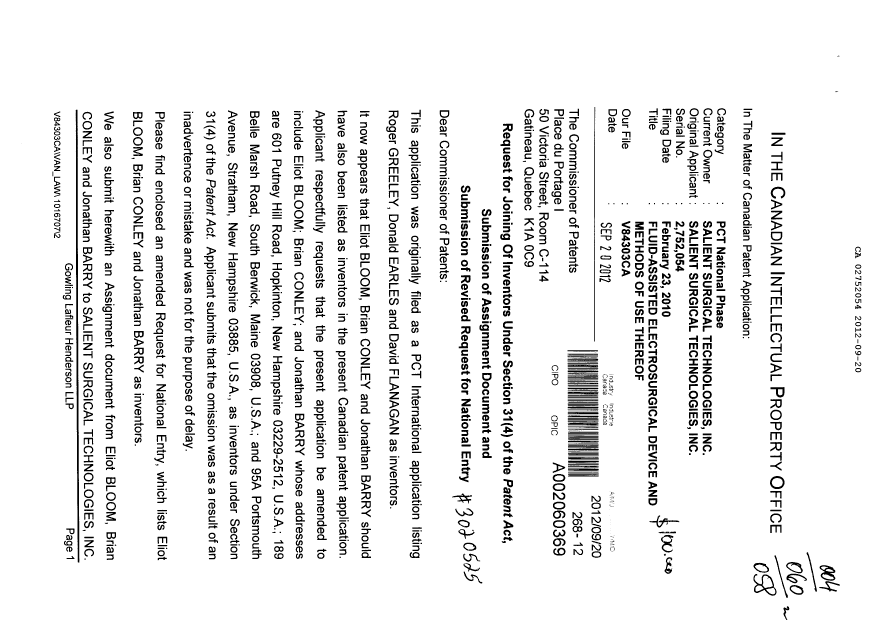Canadian Patent Document 2752054. Correspondence 20120920. Image 1 of 4