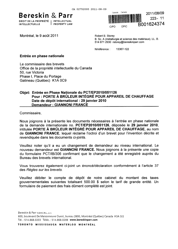 Document de brevet canadien 2752093. Cession 20110809. Image 1 de 5