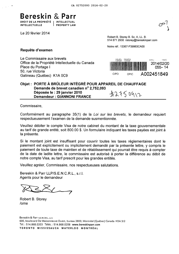 Document de brevet canadien 2752093. Poursuite-Amendment 20140220. Image 1 de 1
