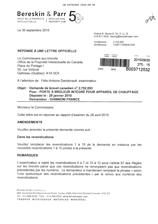 Document de brevet canadien 2752093. Modification 20150930. Image 1 de 5