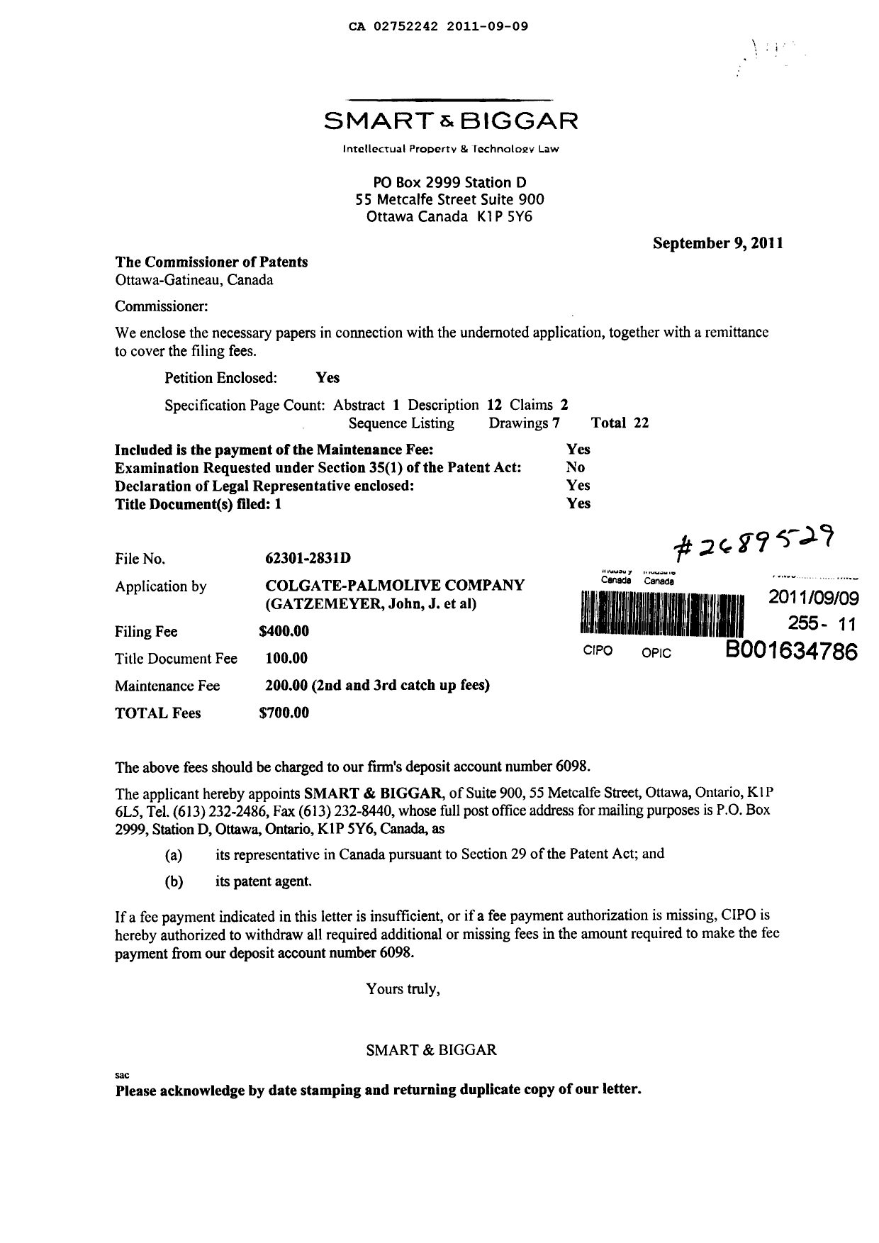 Canadian Patent Document 2752242. Assignment 20110909. Image 1 of 6