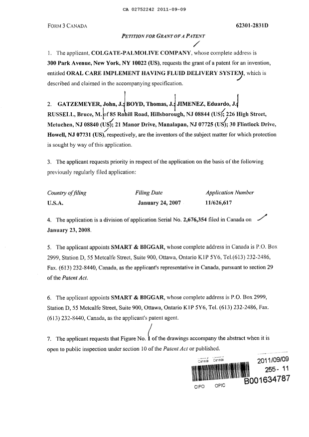 Canadian Patent Document 2752242. Assignment 20110909. Image 2 of 6