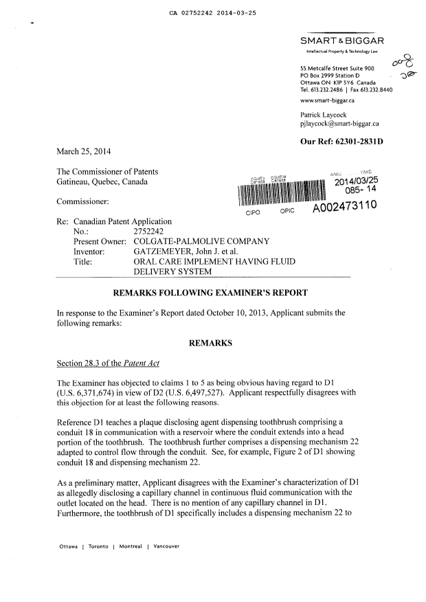 Canadian Patent Document 2752242. Prosecution-Amendment 20140325. Image 1 of 4