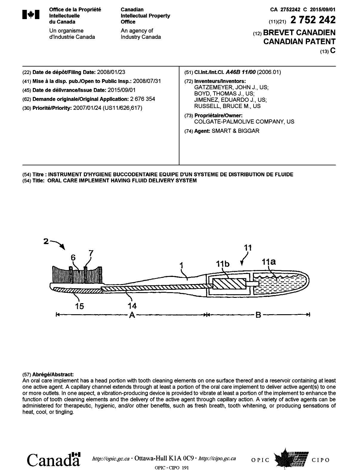 Canadian Patent Document 2752242. Cover Page 20150729. Image 1 of 1