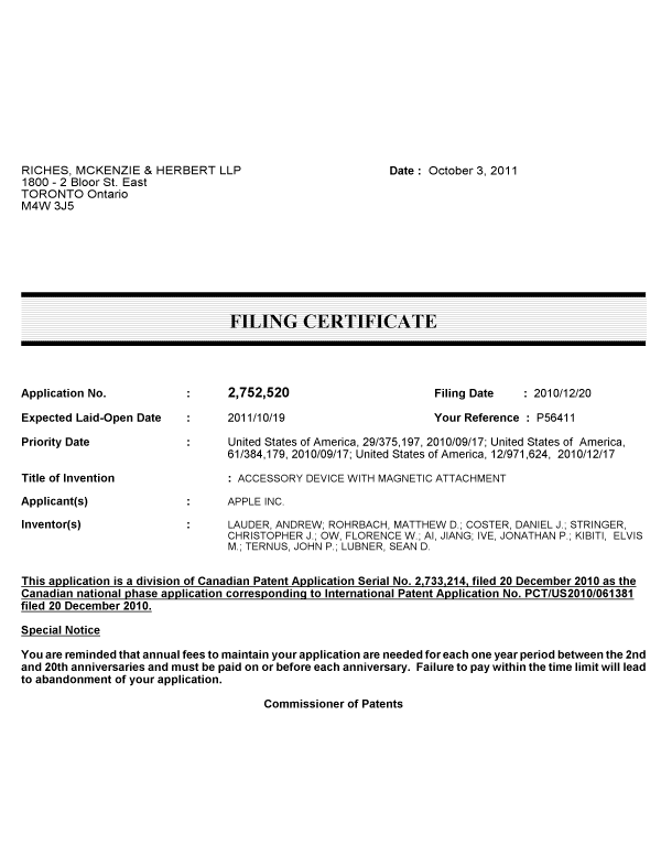 Canadian Patent Document 2752520. Correspondence 20101203. Image 1 of 1