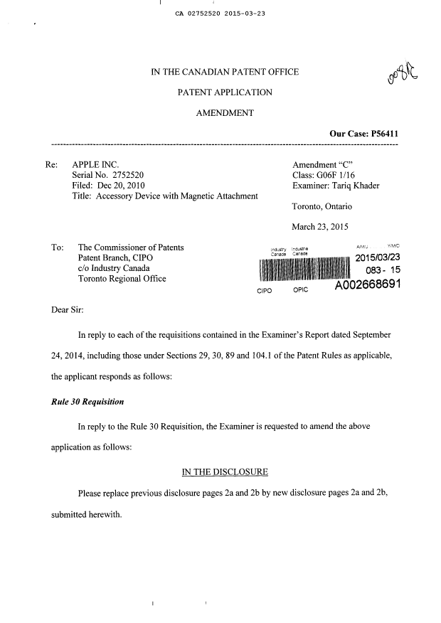 Canadian Patent Document 2752520. Prosecution-Amendment 20141223. Image 1 of 8