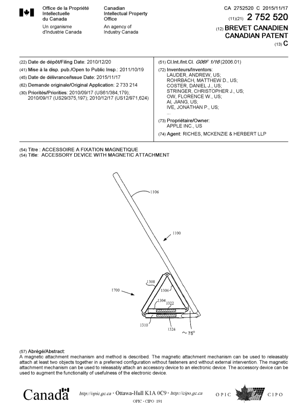 Canadian Patent Document 2752520. Cover Page 20151021. Image 1 of 2