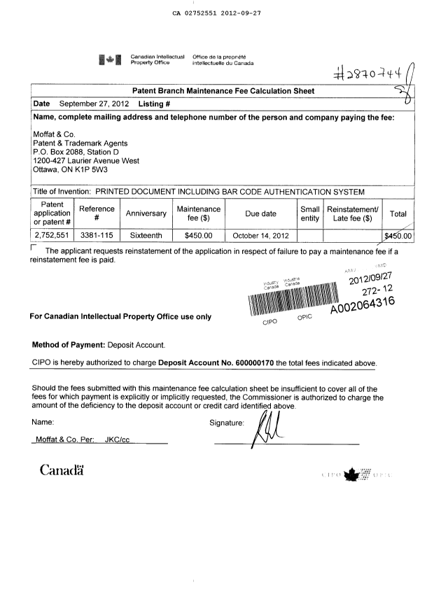 Canadian Patent Document 2752551. Fees 20111227. Image 1 of 1