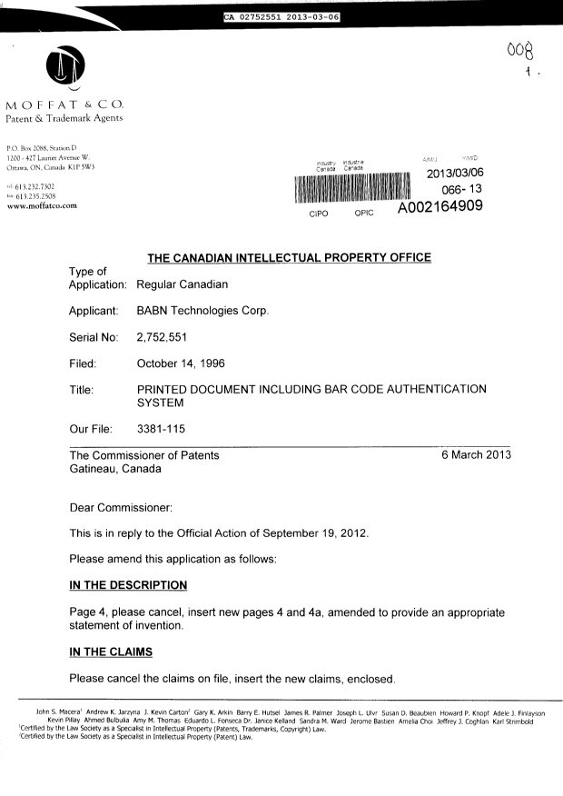 Canadian Patent Document 2752551. Prosecution-Amendment 20121206. Image 1 of 6
