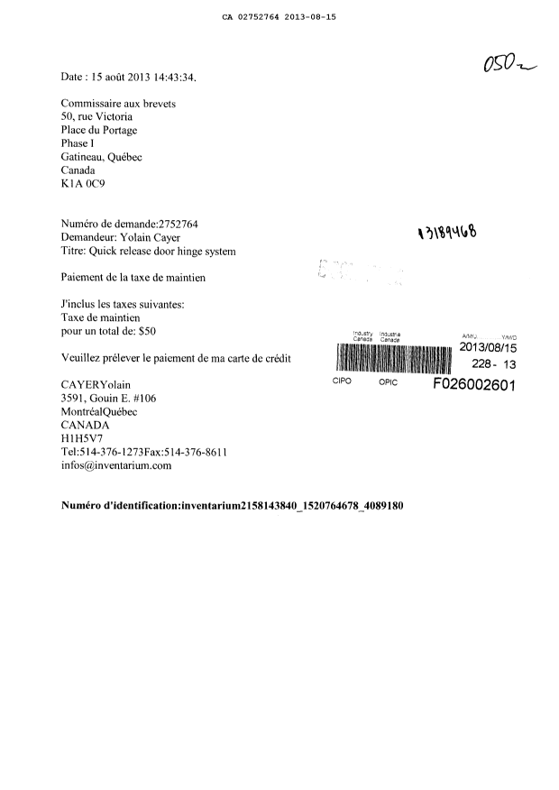 Document de brevet canadien 2752764. Taxes 20121215. Image 1 de 1