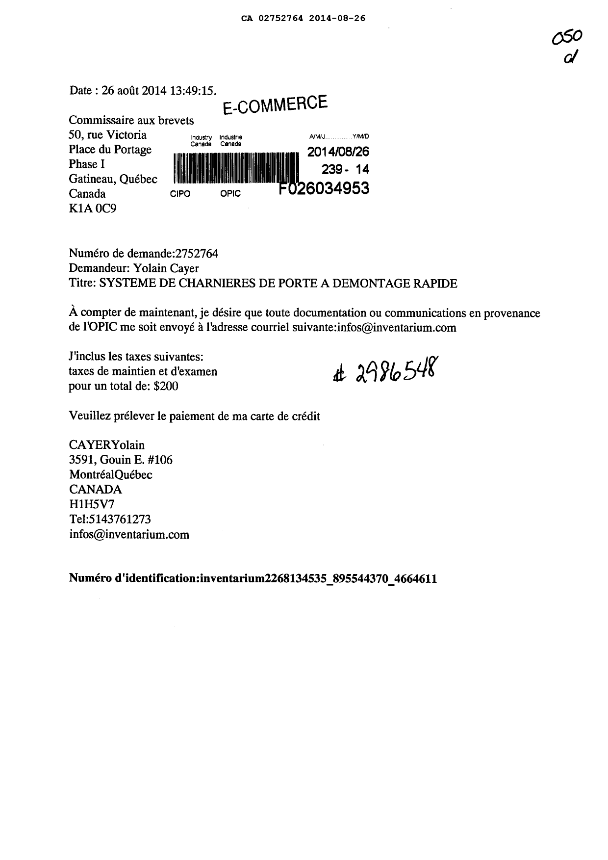 Canadian Patent Document 2752764. Fees 20131226. Image 1 of 1
