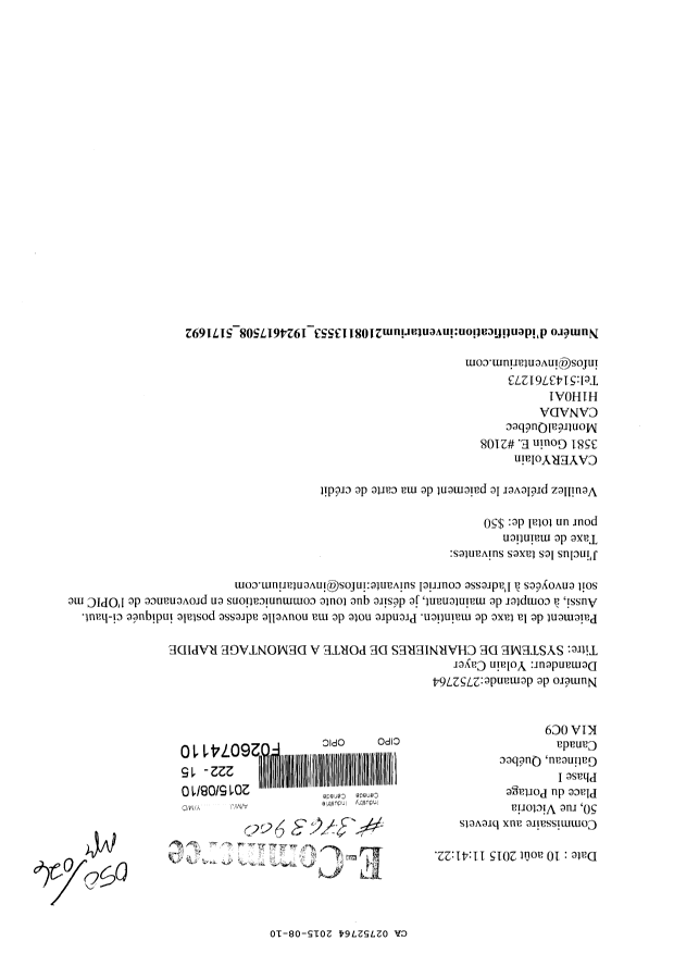 Document de brevet canadien 2752764. Correspondance 20141210. Image 1 de 1