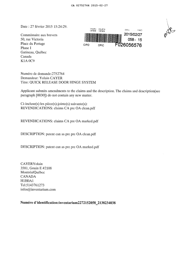 Document de brevet canadien 2752764. Poursuite-Amendment 20141227. Image 1 de 23