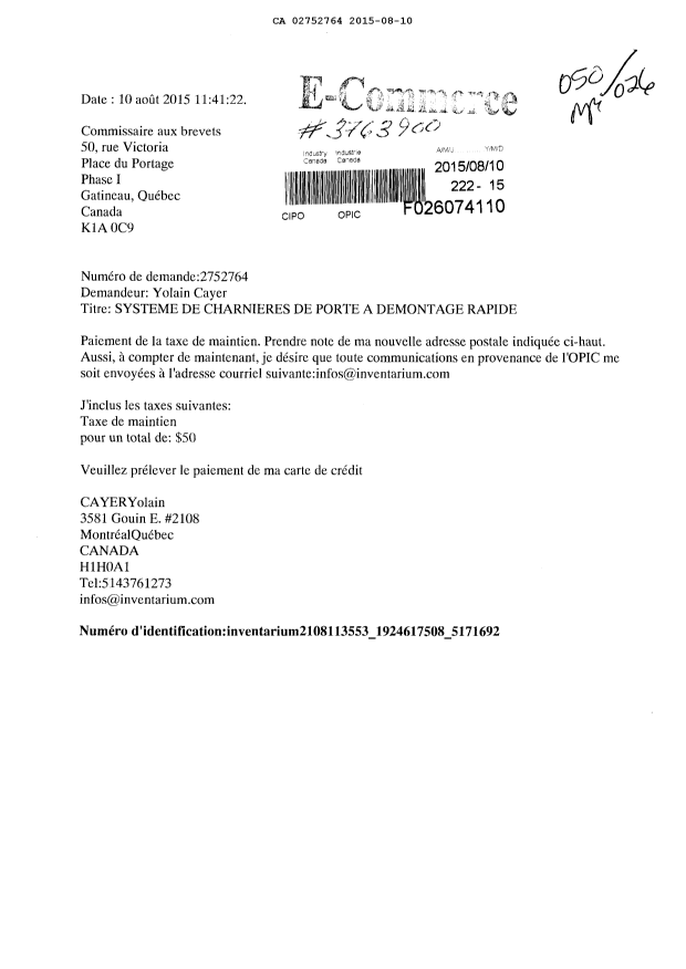 Canadian Patent Document 2752764. Change of Address 20150810. Image 1 of 1