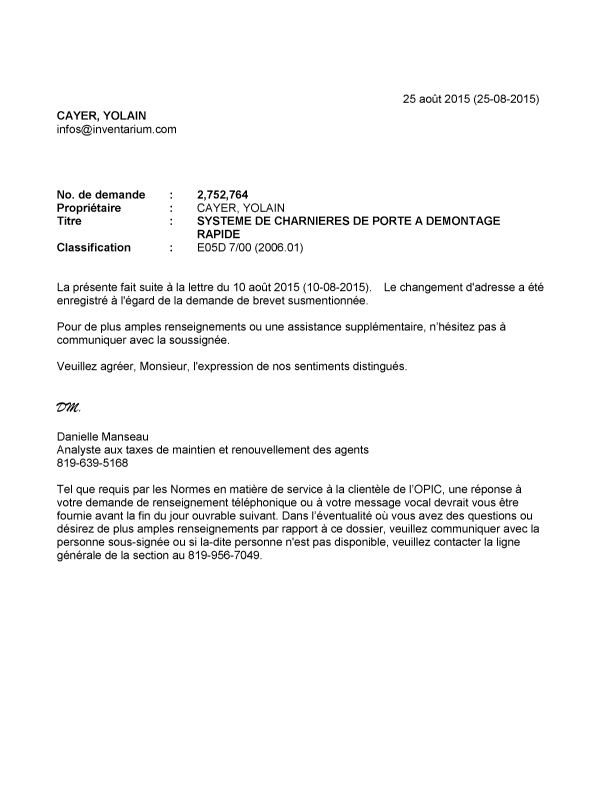 Canadian Patent Document 2752764. Office Letter 20150825. Image 1 of 1