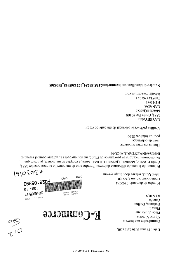 Document de brevet canadien 2752764. Correspondance 20151217. Image 1 de 1