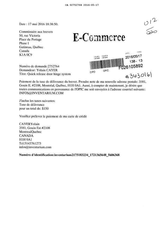 Document de brevet canadien 2752764. Correspondance reliée aux formalités 20160517. Image 1 de 1