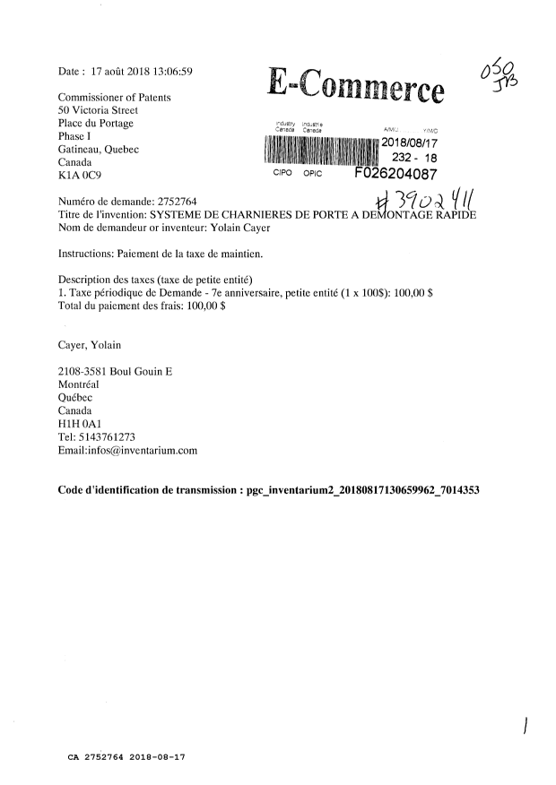 Canadian Patent Document 2752764. Maintenance Fee Payment 20180817. Image 1 of 1