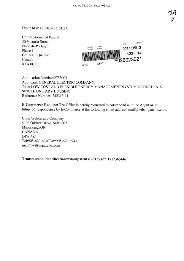 Document de brevet canadien 2753003. Correspondance 20140512. Image 1 de 1