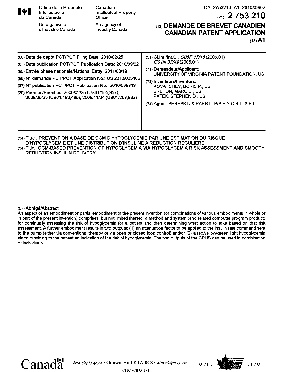 Document de brevet canadien 2753210. Page couverture 20101217. Image 1 de 1