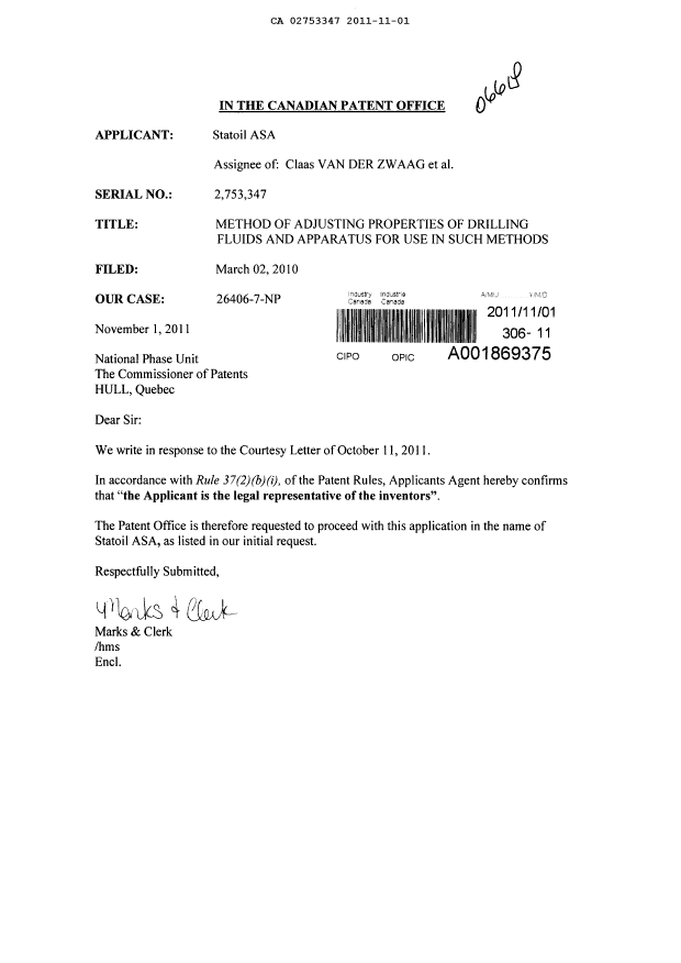Document de brevet canadien 2753347. Correspondance 20101201. Image 1 de 1