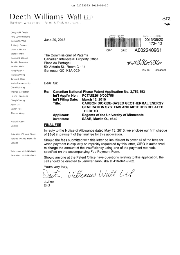 Canadian Patent Document 2753393. Correspondence 20121220. Image 1 of 1