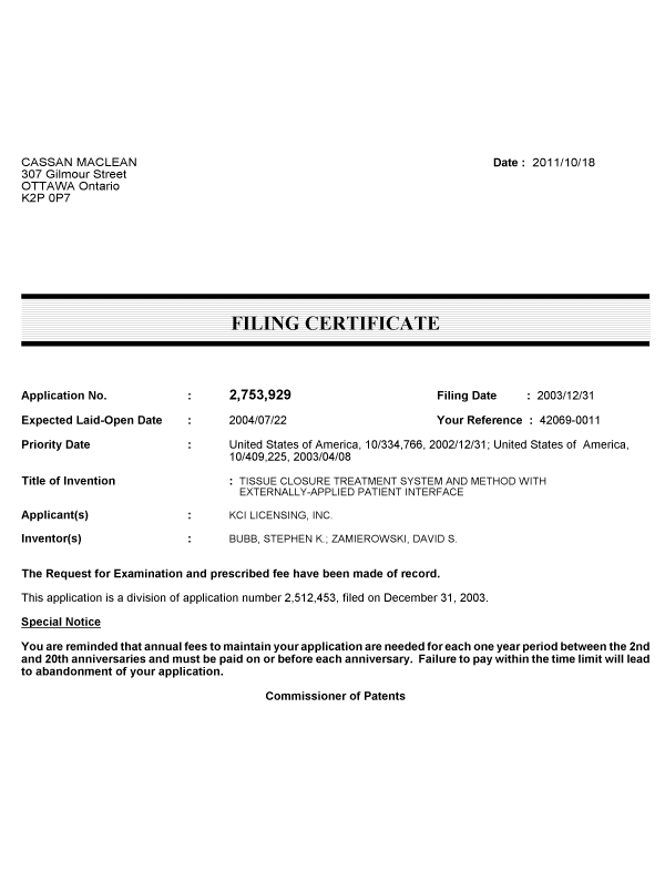 Canadian Patent Document 2753929. Correspondence 20101218. Image 1 of 1