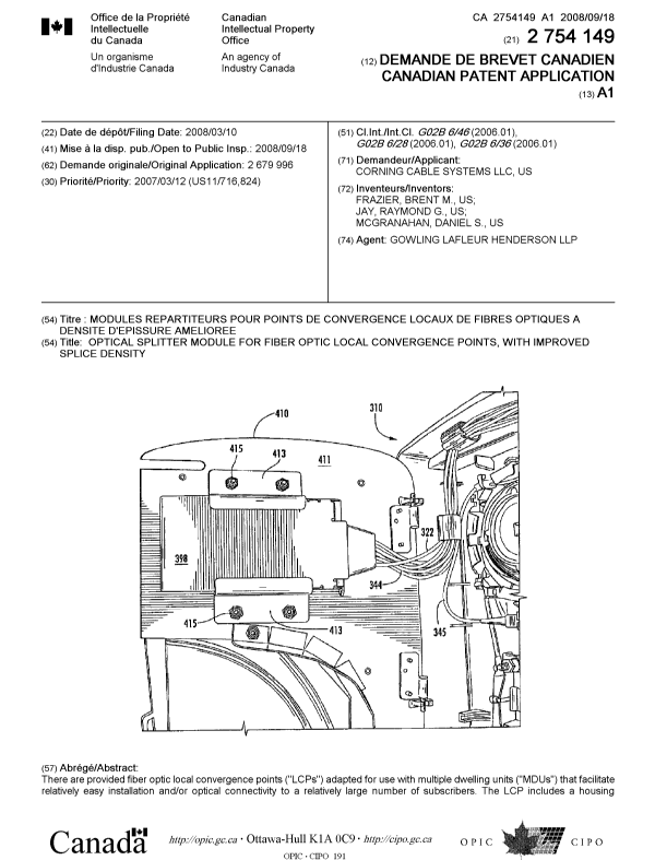 Document de brevet canadien 2754149. Page couverture 20101209. Image 1 de 2