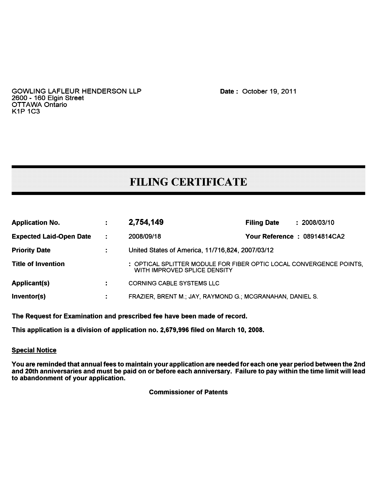 Document de brevet canadien 2754149. Correspondance 20101219. Image 1 de 1