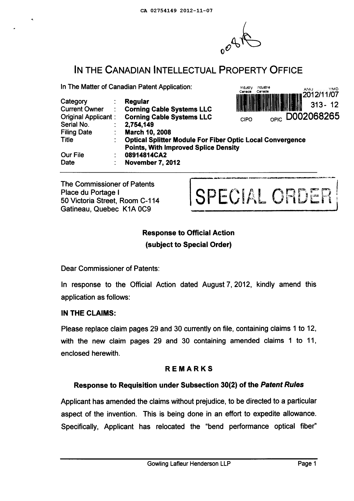 Canadian Patent Document 2754149. Prosecution-Amendment 20111207. Image 1 of 6